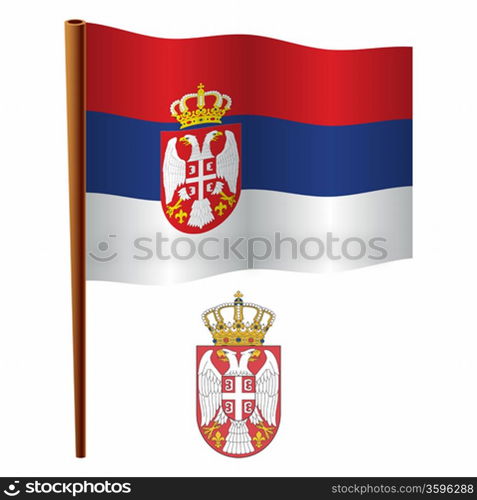 serbia wavy flag and coat of arm against white background, vector art illustration, image contains transparency