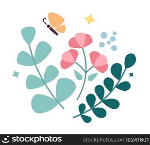 Serenity nature semi flat color vector clip art element. Greenery with flying butterfly. Blooming spring flowers. Editable icon on white. Simple cartoon style spot illustration for web graphic design. Serenity nature semi flat color vector clip art element