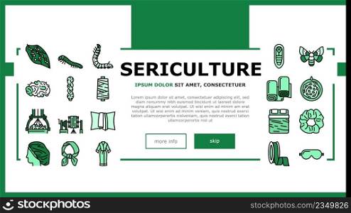 Sericulture Production Business Landing Web Page Header Banner Template Vector. Hatchlings And Larvae Silkworm, Silk Neck Scarf And Ribbon, Pillowcase And Bed Fabric Sheets . Thread Wheel Illustration. Sericulture Production Business Landing Header Vector