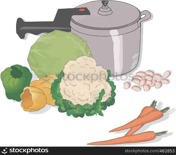 series of vegetables with soup pot