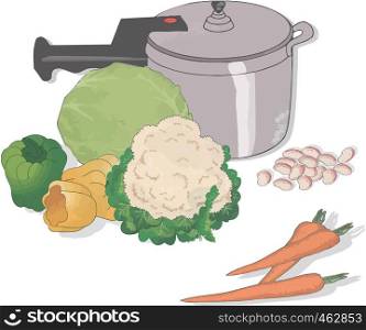 series of vegetables with soup pot