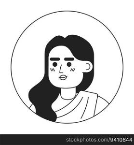 Serious adult indian woman monochrome flat linear character head. Editable cartoon avatar icon. Curly hair brunette in sari. Face emotion. Colorful spot illustration for web graphic design, animation. Serious adult indian woman monochrome flat linear character head