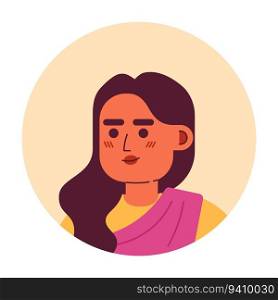Serious adult indian woman semi flat vector character head. Editable cartoon avatar icon. Curly hair brunette in sari. Face emotion. Colorful spot illustration for web graphic design, animation. Serious adult indian woman semi flat vector character head