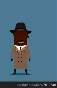 Serious african american detective man or spy agent in gray coat and fedora hat. Cartoon flat style. Detective man or spy agent in coat and hat