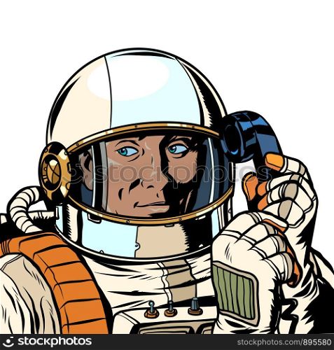serious astronaut talking on a retro phone. isolate on white background. Pop art retro vector illustration drawing. serious astronaut talking on a retro phone. isolate on white background