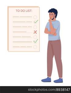 Serious bearded man making to do list semi flat color vector character. Editable concept. Simple cartoon style illustration for web graphic design and animation. Quicksand Medium font used. Serious bearded man making to do list semi flat color vector character