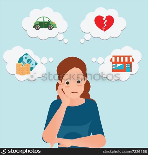 Serious business woman with icons of money, car, house and broken heart, conceptual cartoon character vector illustration.