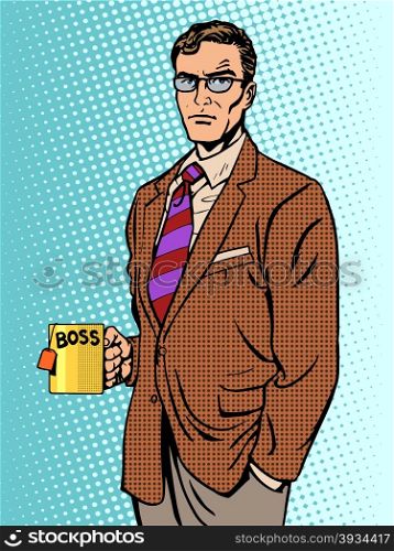 Serious businessman boss mug tea pop art retro style. Serious businessman boss mug tea