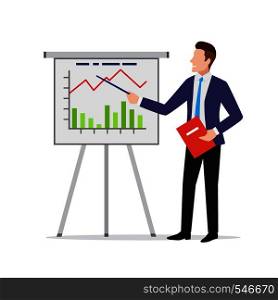 Serious businessman in suit presenting project result with flipchart, poster with analysis and statistics, vector illustration in flat style. Serious businessman in suit presenting project result with flipchart