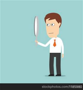 Serious businessman looking through magnifying glass, for research or exploration concept. Cartoon flat style. Businessman looking through magnifying glass
