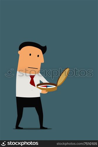 Serious cartoon businessman searching way to success with old compass. Business navigation or achievement concept usage. Businessman wants find a way to success