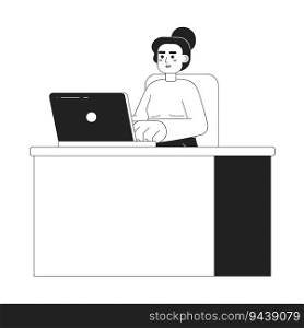 Serious caucasian lady sitting at desk 2D vector monochrome isolated spot illustration. Woman typing on laptop flat hand drawn character on white background. Office work editable outline cartoon scene. Serious caucasian lady sitting at desk 2D vector monochrome isolated spot illustration