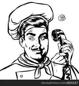 serious cook talking on a retro phone. Pop art retro vector illustration drawing. serious cook talking on a retro phone