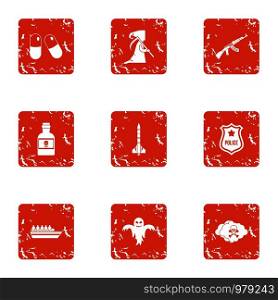 Serious crime icons set. Grunge set of 9 serious crime vector icons for web isolated on white background. Serious crime icons set, grunge style