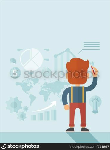 Serious, hardworking Caucasian hipster businessman standing on the right side corner, facing backward, holding a pen illustrating his marketing strategy with graphs and symbols. Leadership, reporting concept. A contemporary style with pastel palette, soft blue tinted background. Vector flat design illustration. Vertical layout with a text space in top part.. Presentation Strategy