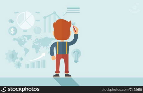 Serious, hardworking Caucasian hipster businessman standing on the right side corner, facing backward, holding a pen illustrating his marketing strategy with graphs and symbols. Leadership, reporting concept. A contemporary style with pastel palette, soft blue tinted background. Vector flat design illustration. Horizontal layout with a text space in right side.. Presentation Strategy