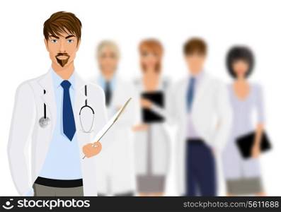 Serious male doctor with medical staff team isolated on white background vector illustration