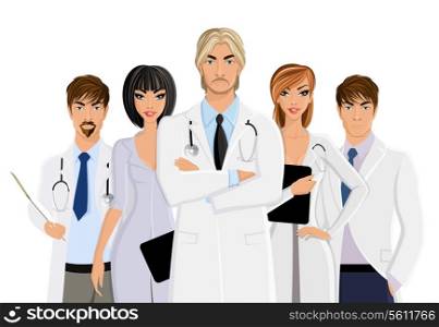 Serious male doctor with medical staff team isolated on white background vector illustration