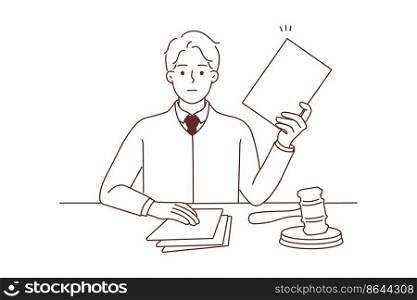 Serious male judge sitting at desk with gavel and documents. Focused notary or lawyer with paperwork in office. Law and order. Vector illustration. . Male lawyer with documents sit at desk 