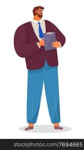 Serious man, chief, bearded businessman dressed formally standing at full height with a clip board in hand on white. Businessperson director, male character in formal clothes office worker or boss. Serious man bearded businessman dressed formally standing at full height vector illustration