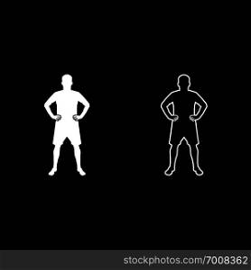 Serious man holding hands on belt confidence concept silhouette manager business icon set white color illustration flat outline style simple image