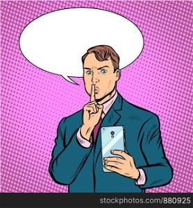 serious man takes pictures on a smartphone. Pop art retro vector illustration drawing. serious man takes pictures on a smartphone