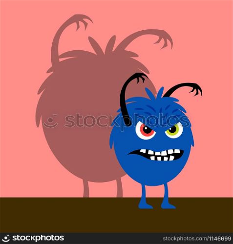 Serious monster with hands up and with shadow, vector illustration. Serious monster with hands up