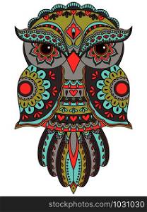 Serious owl with various pattern and big eyes in muted grey, green, blue and pink colors isolated on the white background, cartoon vector artwork