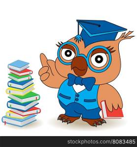 Serious Teacher Owl in glasses and in mortarboard near the book stack, cartoon vector childish illustration