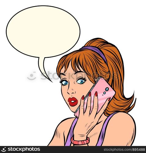 Serious woman talking on the phone. isolate on white background. Pop art retro vector illustration drawing. Serious woman talking on the phone. isolate on white background
