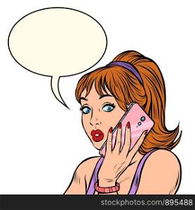 Serious woman talking on the phone. isolate on white background. Pop art retro vector illustration drawing. Serious woman talking on the phone. isolate on white background