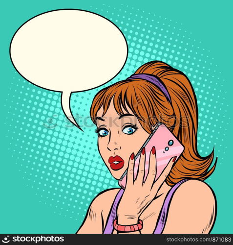 Serious woman talking on the phone. Pop art retro vector illustration drawing. Serious woman talking on the phone