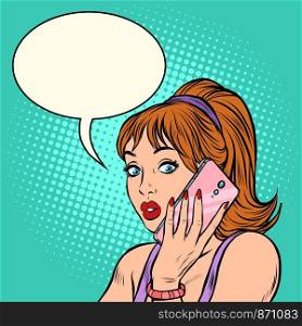 Serious woman talking on the phone. Pop art retro vector illustration drawing. Serious woman talking on the phone