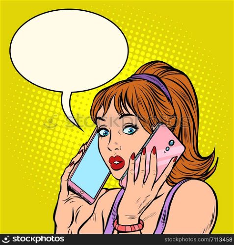 Serious woman talking on two phones at the same time. Pop art retro vector illustration drawing. Serious woman talking on two phones at the same time