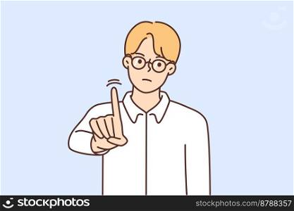 Serious young man in glasses showing finger saying no. Decisive man demonstrate refusal or rejection. Vector illustration. . Serious man show finger say no