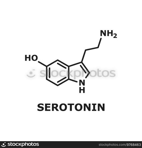 Serotonin formula icon isolated thin line chemical structure. Vector monoamine neurotransmitter modulating mood, learning and memory processes. Motivational component of reward, antidepresant. Serotonin human hormone molecule skeletal model