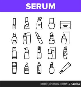 Serum Beauty Cosmetic Collection Icons Set Vector. Serum Skin Care Cream And Perfume, Face Gel And Lotion Package And Container Concept Linear Pictograms. Monochrome Contour Illustrations. Serum Beauty Cosmetic Collection Icons Set Vector