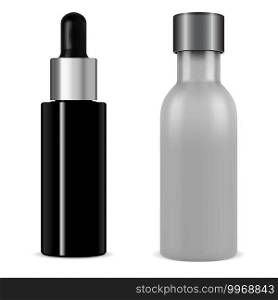 Serum bottle dropper cosmetic mock up. Black glass vial 3d vector. Collagen packaging flask with pipette with silver cap. Medical bottles design blank, beauty container. Serum bottle dropper cosmetic. Black glass vial