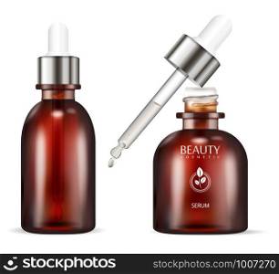 Serum bottle with dropper. Cosmetic Flacon. Vector Illustration. Vial for organic essential aroma oil. Brown glass bottle for essence. Realistic 3d packaging mockup. Serum bottle with dropper. Cosmetic Flacon. Vector