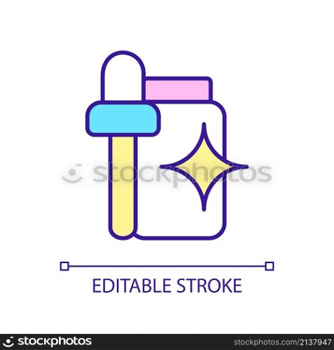 Serum cosmetic product RGB color icon. Professional skincare. Beauty routine and healthcare. Isolated vector illustration. Simple filled line drawing. Editable stroke. Arial font used. Serum cosmetic product RGB color icon