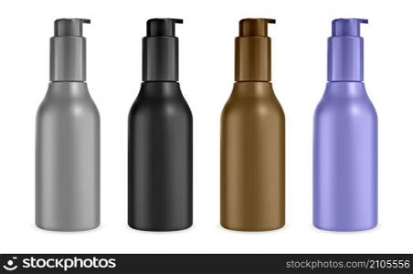 Serum dispenser bottle mockup. Mini pump bottle for face foundation. Small press can template, face cleansing liquid, body oil packaging design. Airless mousse sample design. Serum dispenser bottle mockup. Mini pump bottle