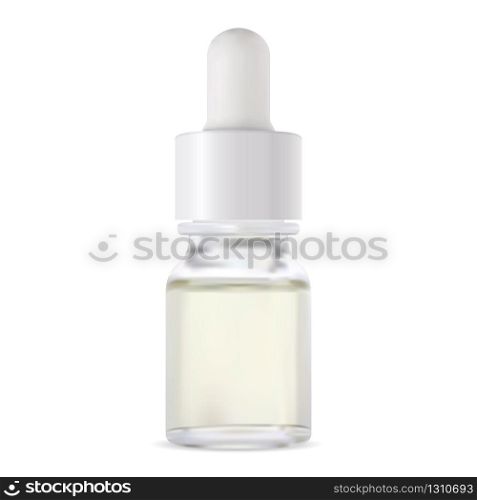 Serum dropper bottle. Glass vial 3d mockup for collagen. Clear flask design for natural aromatherapy cosmetic oil. Essential aging liquid flacon. Serum dropper bottle. Glass vial 3d mockup