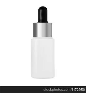 Serum dropper bottle mockup. Cosmetic collagen packaging with silver drop pipette. Essential oil eyedropper vial realistic 3d template. Medical aging liquid flask mock up for skin care. Serum dropper bottle mockup. Cosmetic collagen