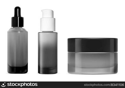 Serum dropper bottle. Pump dispenser cosmetic container design. Skin care bottles set concept. Essence oil eyedropper with collagen airless pump dispenser, isolated on white background. Serum dropper bottle. Pump dispenser cosmetic container