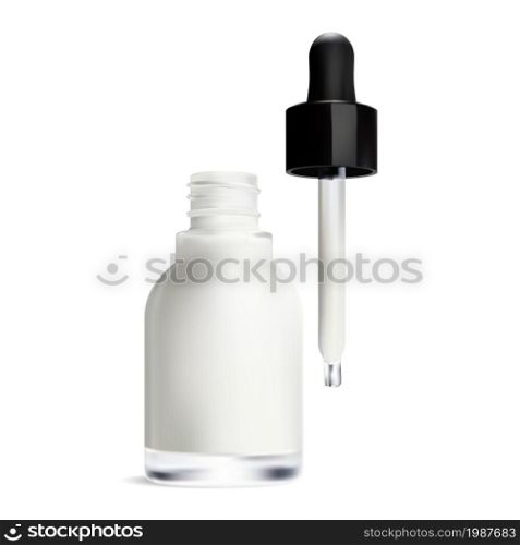 Serum dropper bottle with pipette. Skin moisture cosmetic container, drop cap. Coenzyme q10 liquid droplet vial. Hyaluronic acid pipet flask mockup, skincare treatment therapy, vector. Serum dropper bottle with pipette. Skin moisture cosmetic