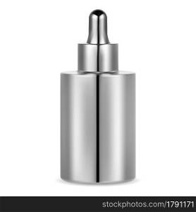Serum essence bottle. Cosmetic dropper vial, face collagen. Essential oil bottle mockup. Facial care treatment product, silver metal flask. Serum essence bottle. Cosmetic dropper vial, face