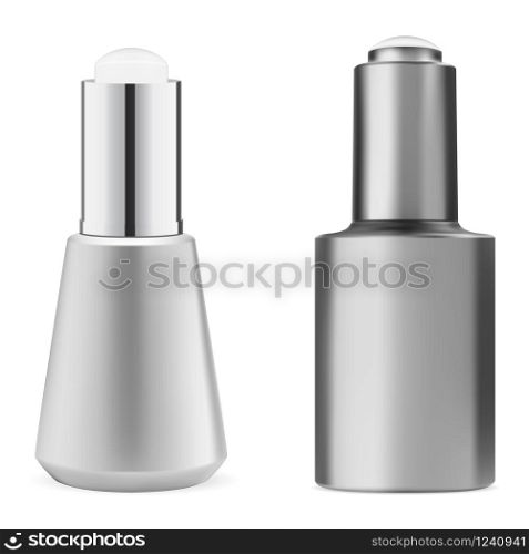 Serum essence bottle. Luxury face product 3d design. Shiny vial mockup with eyedropper for aroma oil, primer or vitamin treatment. Cosmetic mock up advertising. Serum essence bottle. Luxury face product design