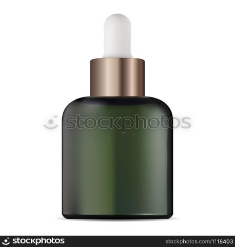 Serum eye dropper bottle. Cosmetic green glass packaging mockup isolated on white. Natural aging treatment vial blank vith gold eyedropper. Perfume aroma oil flask. Medical pot template. Serum eye dropper bottle. Cosmetic glass packaging