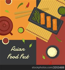 Served chinese and japanese traditional food. Asian meal festival with cuisine. Kettle with tea for ceremony, meat and sauces. Promotional banner or poster with discounts and sales. Vector in flat. Asian food fest, tea in kettle and served meal