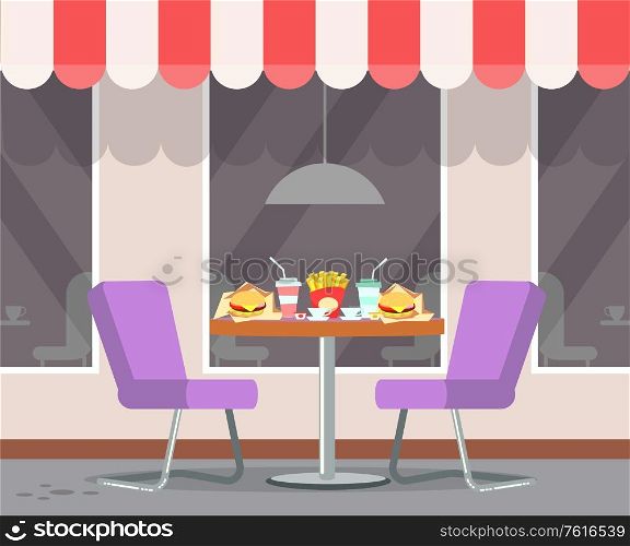 Served fast food on table of bistro vector. Canopy on roof of restaurant, burgers and soda drinks in plastic cups, french fries fried potato on desk. Restaurant Terrasse with Table and Served Food